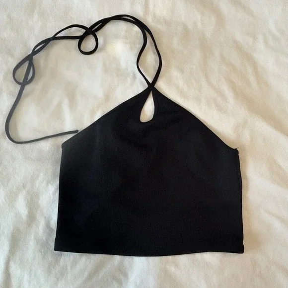 ZARA Black Ribbed Halter Neck Crop Top Tie Back Small whimsy goth - Picture 1 of 4